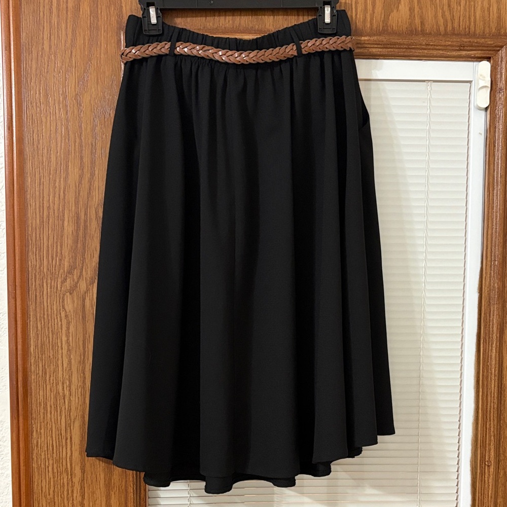 Modcloth Black Midi Skirt with Brown Braided Belt - Picture 3 of 8